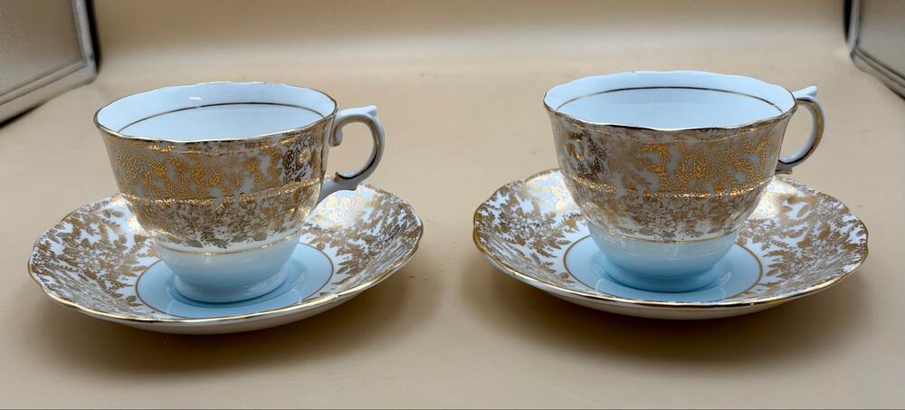 Vintage Colclough England Bone China Blue Gold Chintz Cups Saucers Set of 2